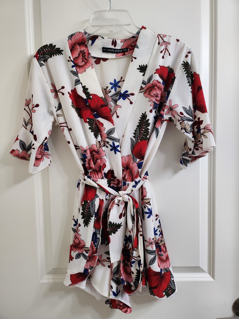 White Floral Romper with Red & Pink Blooms